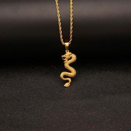 18K Gold Plated Gold Dragon Pendant Necklace Mens Charm with 24inch Cuban Link Chain Hip Hop Jewelry2468