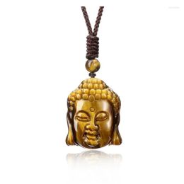 Pendant Necklaces XSM Natural Tiger's Eye Stone Carved Buddha Head Necklace Adjustable Braided Rope Prayer Amulet Spiritual Gift