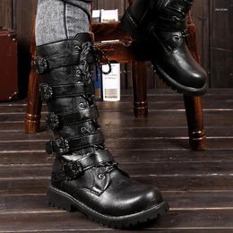 Boots Men's Motorcycle Belt Buckle Plus Size High Top Shoes Lace-up Side Zip Round Head Leather Botines De Hombres