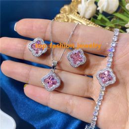 Luxury White Pink Crystal Zircon Four Leaf Clover Necklace Set Earrings Tennis Bracelets for Women Wholesale Jewelry Fashion