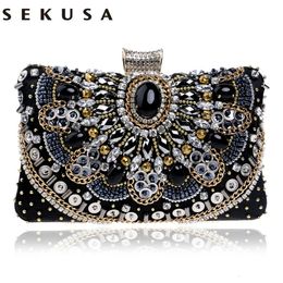 Evening Bags SEKUSA Small Beaded Clutch Purse Elegant Black Wedding Party Handbag Metal Chain Shoulder 231216