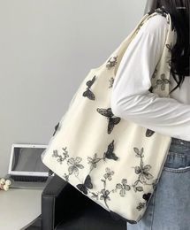 Evening Bags Fashion Embroidered Black Butterfly Flower Canvas Tote For Women Leisure Travel Large Capacity Shoulder Bag Student Handbag