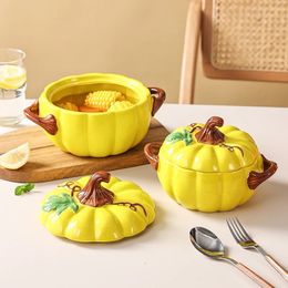 Soup Stock Pots Lovely Pumpkin Pot with Lid Ceramic Noodle Bowl Dessert Tableware Doubleear Stew Cup Multiple Options 231215