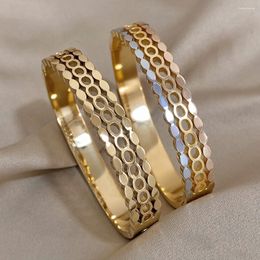 Bangle Colorful Wide Layered Wave Stainless Steel Bracelet For Women Trend Cuff Geometric Design Waterproof Jewelry