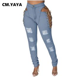 Jeans Cm.yaya Women Jeans Ripped Cut Out Hollow Out Stretchy Pencil Denim Trousers Female Fashion Pants Streetwear Casual Bottoms Fall