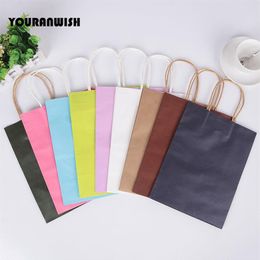 20pcs lot White Pink Purple Sky Blue Coffee Kraft paper Gift bag with handle wedding birthday party gift package bags Y1121191O