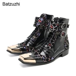 Batzuzhi New Men Boots Shoes Gold Metal Toe Black Genuine Leather Ankle Boots Men Lace-up Zip Motorcycle, Party, Wedding Boots for Men