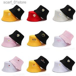 Wide Brim Hats Bucket Hats Women's Smile Face Embroidery Bucket Hats Men Double-sided Daisy Sunscreen Panama Bob C Summer Beach Fishing Fisherman Sun HatL231216