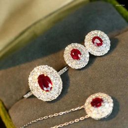 Chains Simple Retro Pigeon Blood Ruby Ring Earrings Necklace Three-piece Small And Versatile 925 Sterling Silver Hypoallergenic Set