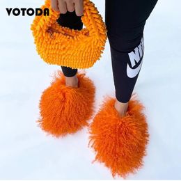 Slipper Mongolian Fur with Purse Set Winter Warm Home Flat Plush Slipper Rainbow Fluffy Handbag Dust Luxury Wool Slides 231216