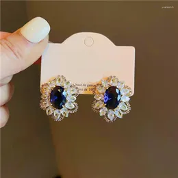 Stud Earrings With Shining Dark Blue Zircon In Centre And White One Surrounded For Women Lady Gift