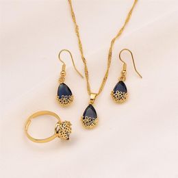 24K Yellow Gold GF Water Drop purple Crystal Necklace Pendant Earrings Ring cz big Rectangle Gem with Channel Jewellery Set231g