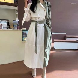 Women's Trench Coats SuperAen Korean Chic Autumn Niche Lapel Colour Blocking Design Double Breasted Lace Up Waist Long Sleeved Coat For Women