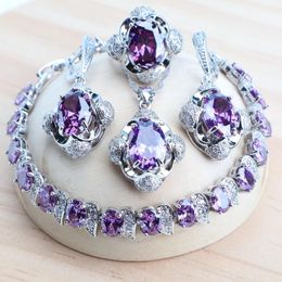 Pendants Purple Sier Jewellery Sets for Women Bridal Fine Costume Jewellery Wedding Cz Earrings Rings Bracelets Pendant Necklace Set