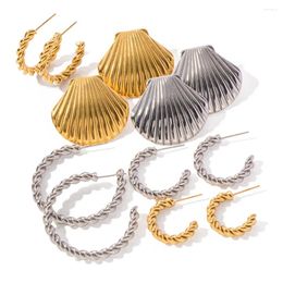 Hoop Earrings Charm Trend Spiral Twist Open C Shape Women Stainless Steel Gold Colour Shell Stud Ear Hoops Wedding Jewellery Gift