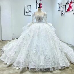 Custom Made Ball Gown Wedding Dresses Glitter Dubai Arabia Long Sleeves Beads Lace Appliqued Crystal Bridal Gowns Real Images 2023