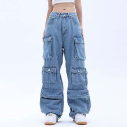 Y2K New Multi-pocket Heavy Industry High-quality Best-selling Jeans Women Street Hip-hop Straight High Waist Wide-leg Pants 2023