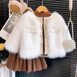 Giacche invernali per ragazze Cappotti Moda calda pelliccia sintetica per bambini coreano in pile che tocca la camicia gonna di pelle vestiti per bambina 231215