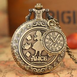 Pocket Watches Retro Bronze Alice Watch Poker Carousel Accessory Arabic Numerals Quartz Necklace Pendant Creative Gift for Girl Women 231216