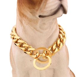 sell 15mm 12-34 inch Gold Tone Double Curb Cuban Rombo Link Stainless Steel Dog Chain Necklace Collar Whole Drop220Y