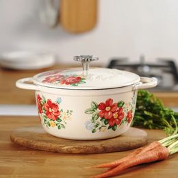 "Vintage Enamel Soup Stock Pot with Double Ears for Induction Cooker and Gas Stove - Cast Iron Retro Baked Flower Design"