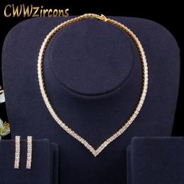 Earrings & Necklace Very Shiny Cubic Zirconia Pave Yellow Gold Color Women Party Choker And Earring Brides Jewelry Set T4212147