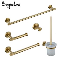 Bath Accessory Set Brushed Gold Towel Rack Knurled Bar Robe Hook Paper Holder Toilet Brush Bathroom Accessories Shelf 231216