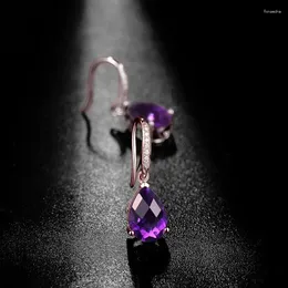 Dangle Earrings HOYON S925 Sliver Color Luxury Amethyst Gemstone For Women Jewelry Buckles Noble Stud Birthday Gift