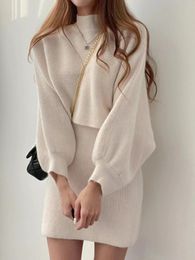 Two Piece Dress 2 Outfit Set Autumn Winter Knitted Half High Neck Sweater Cover Up Slim Fit Wrap Hip Tank Top Skirt Women's 231215