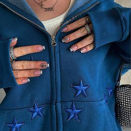 Women's Hoodies Sweatshirts Y2k Zip Hoodie Star Embroidery Goth Punk Sweatshirt Navy Blue Hoodie Sweat Jacket Gothic Long Sleeve Oversized Hoodie Jacket EMO 231215