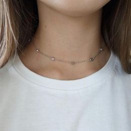 cz station choker necklace fine 925 sterling silver 5pcs bezel cz dots geometric simple fashion girl women gift thin collarbone ch217L