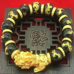 Gold Plated 3D Pixiu Bracelet Black Obsidian Beads Transfer Luck Bracelet Chinese Feng Shui Animal Jewelry245y