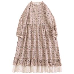 Japanese Forest Women's Art Fragmented Flower Long sleeved Dress Loose and Versatile Lace Big Display Slim and Long Skirt Spring New Style