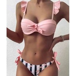 Bras Sets Striped Lace Ruffle Push Up Women Bandeau Swimsuit Female Swimwear Bra Cup Bikini set High Cut Bathing Suit 231215