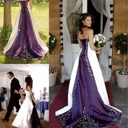 Rustic 2023 Romantic A Line Dress Strapless Sleeveless Embroidery Purple And White Long Bridal Dresses Corset Lace-Up Plus Size Wedding Gowns Vintage nd es