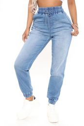 Women Casual Jeans Capris Pant Slim Bleached Hiip Hop Drawstring Fashional Design Pencil Pants High Waist High Elastic