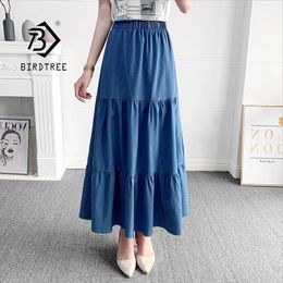 Jeans 85cm Length Denim Tiered Maxi Skirt Spring Summer Casual High Waisted Washed Loose Long Cake Jeans Skirts B13101x