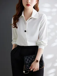 Women's Blouses Big Pearl Buttons Women Shirt White Elegant Long Sleeve No Stretch Formal Office Lady Wear Female Blouse Clothing Satin