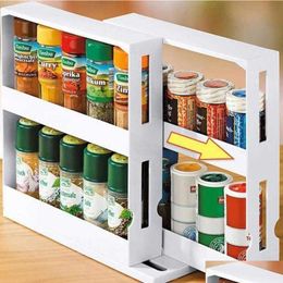 Storage Holders Racks 2 Tier Slim Slide Rotatable Pusl Rack Food Shees Kitchen Trolley Cabinet Caddy Spice Accessories Drop Delive Dhu8O