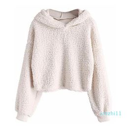 Spring Women Casual Loose Artificial Lamb Wool Hooded Pullovers Short Tops Vintage Ladies