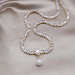 Pendant Necklaces Korean Design Fashion Jewellery 14K Gold Plated Luxury Square Full Zircon Pearl Drop Necklace Elegant Women s Wedding Party 231216