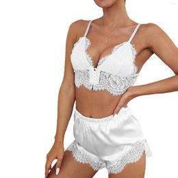 Women's Sleepwear Women 2 Piece Pyjamas Sets Floral Lace Patchwork Satin Loungewear Outfit Sling Camisole Bra Tops And Shorts Nightwear