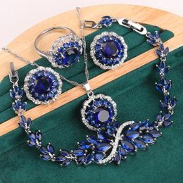 Necklace Sier Colour Jewellery Set for Women Wedding Royal Blue Topaz Pierced Earrings Necklace Pendant Ring Bracelet Christmas Gift 4pcs