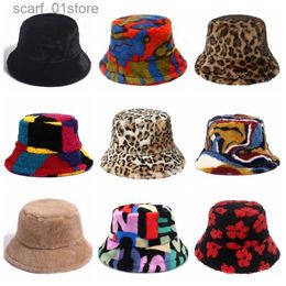 Wide Brim Hats Bucket Hats Winter Bucket Hat Women's Fashion Leopard Panama Warm Hats Female Vintage Faux Fur Fisherman C Hats For Women DropshippingL231216