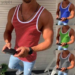 Men's T-Shirts New Gym Tank Top Summer Striped Cotton Sleless Shirt Casual Fashion Fitness Stringer Tank Top Men Bodybuilding Clothing S-5XLL231216