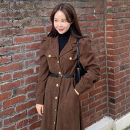 Casual Dresses French Vintage Suit Collar Female Metal Button Waist Slim Puff Sleeve Dress 2023 Autumn Korean Chic Long Vestidos Woman