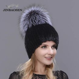 BeanieSkull Caps JINBAOSEN Real Mink Fur Hat for Winter Women Imported Knitted Mink Cap with Fox Fur High Quality Women Beanies 231215