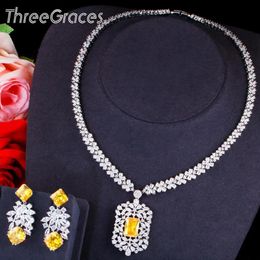 Bangle Threegraces Elegant Yellow Square Cubic Zirconia Crystal Sier Colour Bridal Wedding Jewellery Sets for Women Party Wear Tz576