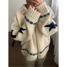 Womens Sweaters Deeptown Autumn Vintage Star Sweater Women Beige Casual Loose Korean Fashion Zipper Cardigan Warm Y2k Streetwear Aesthetic Coat 231216