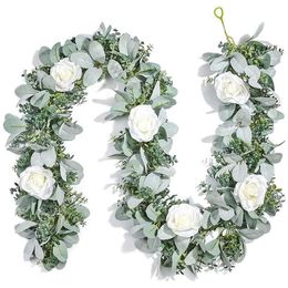 Decorative Flowers & Wreaths 6 7Ft Eucalyptus Garland With Flowers Lambs Ear Greenery White Roses Fake Vines For Wedding Table Ma2507